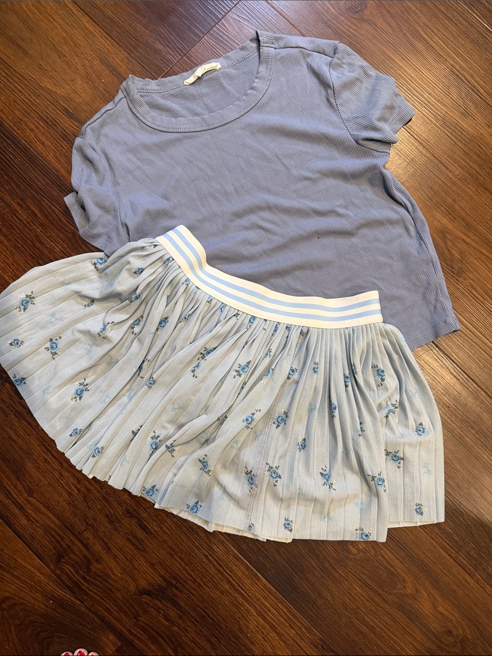 Light Blue Floral Pleated Mini Skirt with Striped Waistband